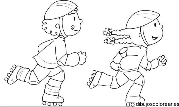 Dibujo de dos niños patinan | Dibujos para Colorear