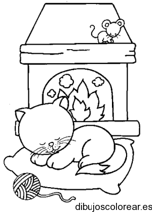 Dibujo de un gato durmiendo frente a la chimenea