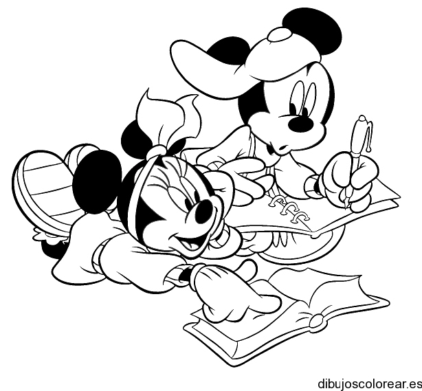 Dibujo de Mickey y Minnie haciendo la tarea | Dibujos para Colorear