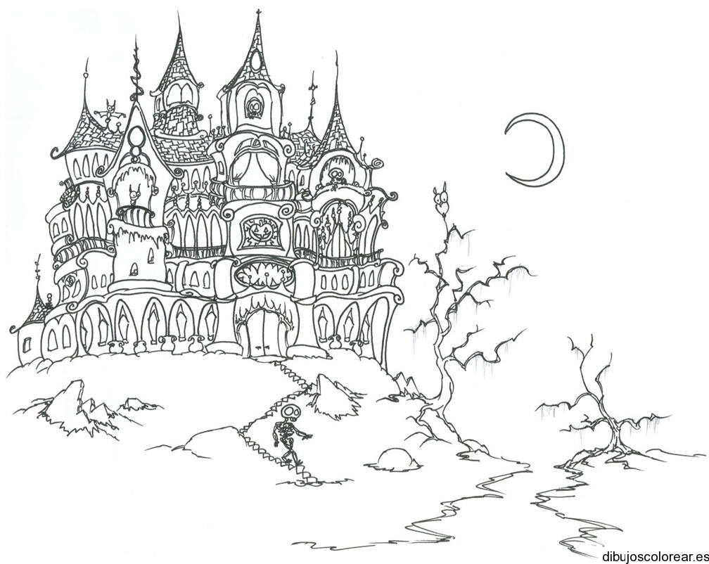 Dibujo de un castillo embrujado en la montaña