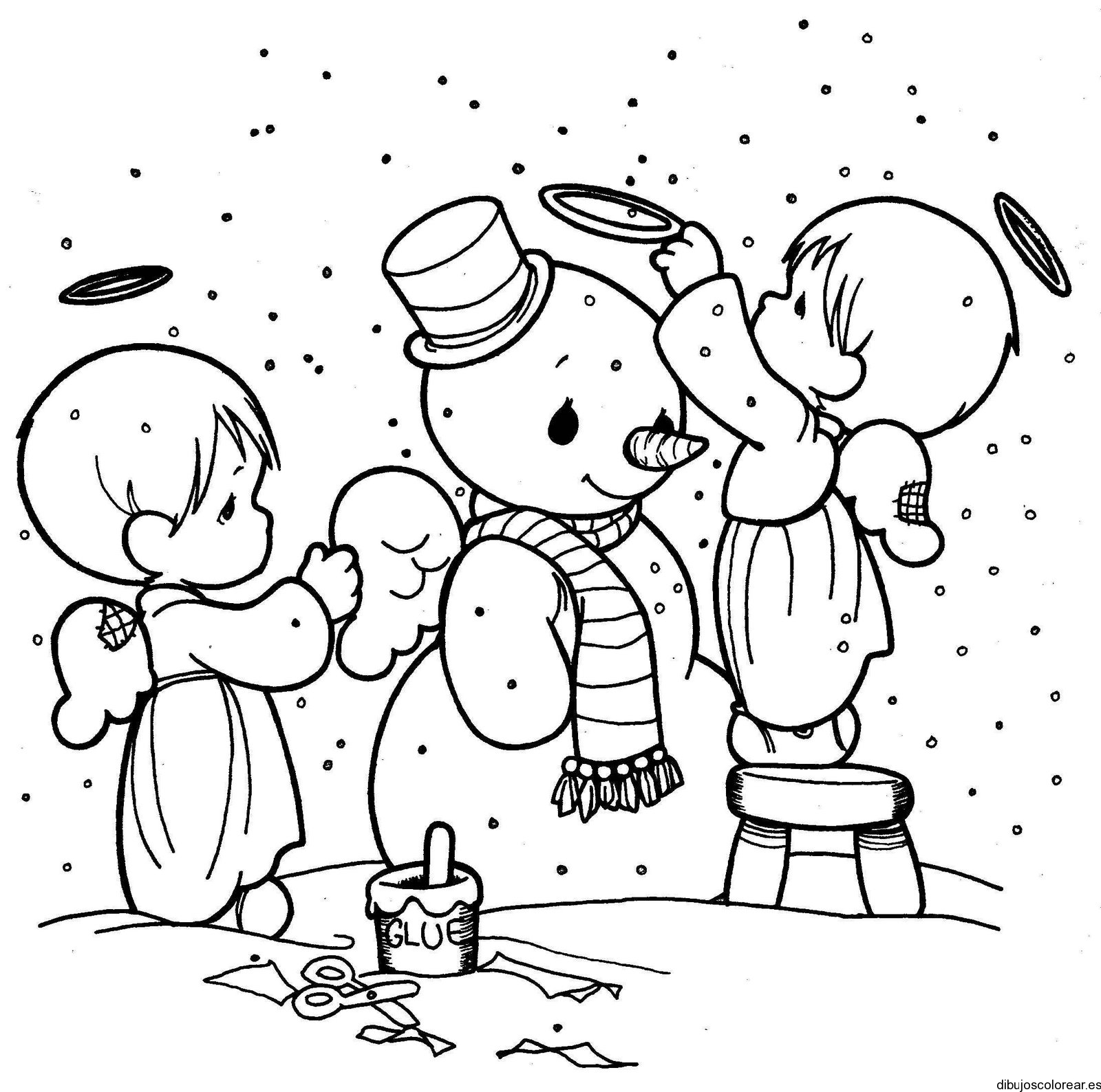 Dibujo de dos niños y el hombre de nieve