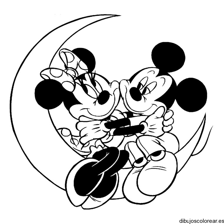 Dibujo de Mickey y Minnie abrazos en la luna