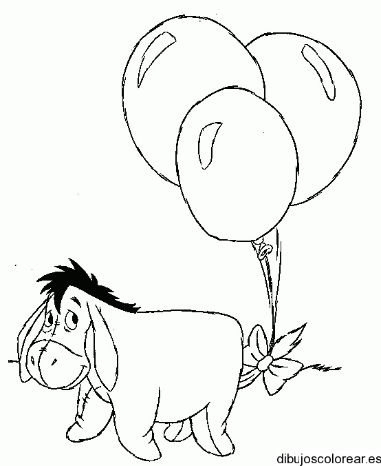 Dibujo del burro Igor jugando con globos