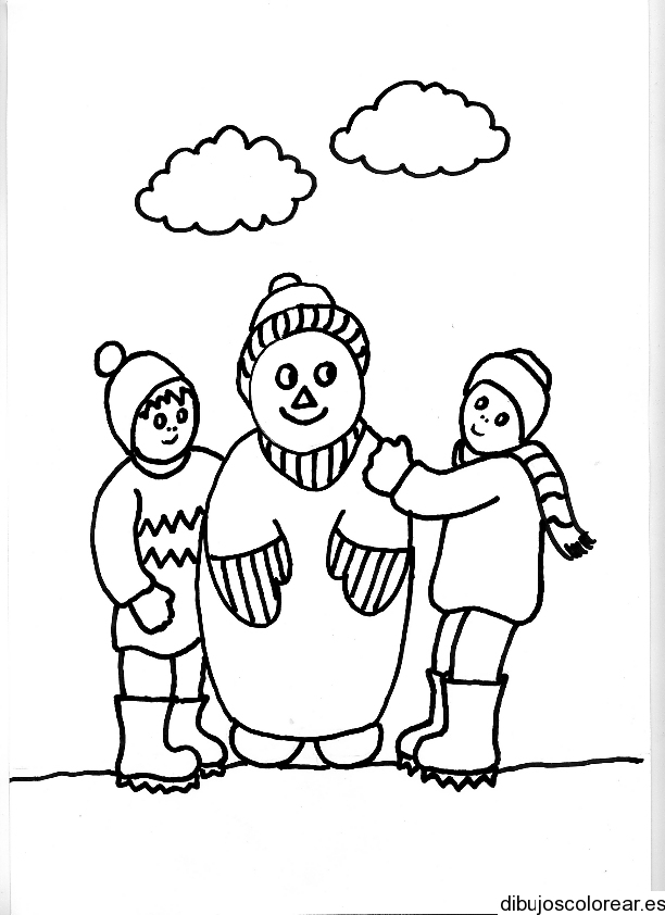 Dibujo de niños jugando con un muñeco de nieve